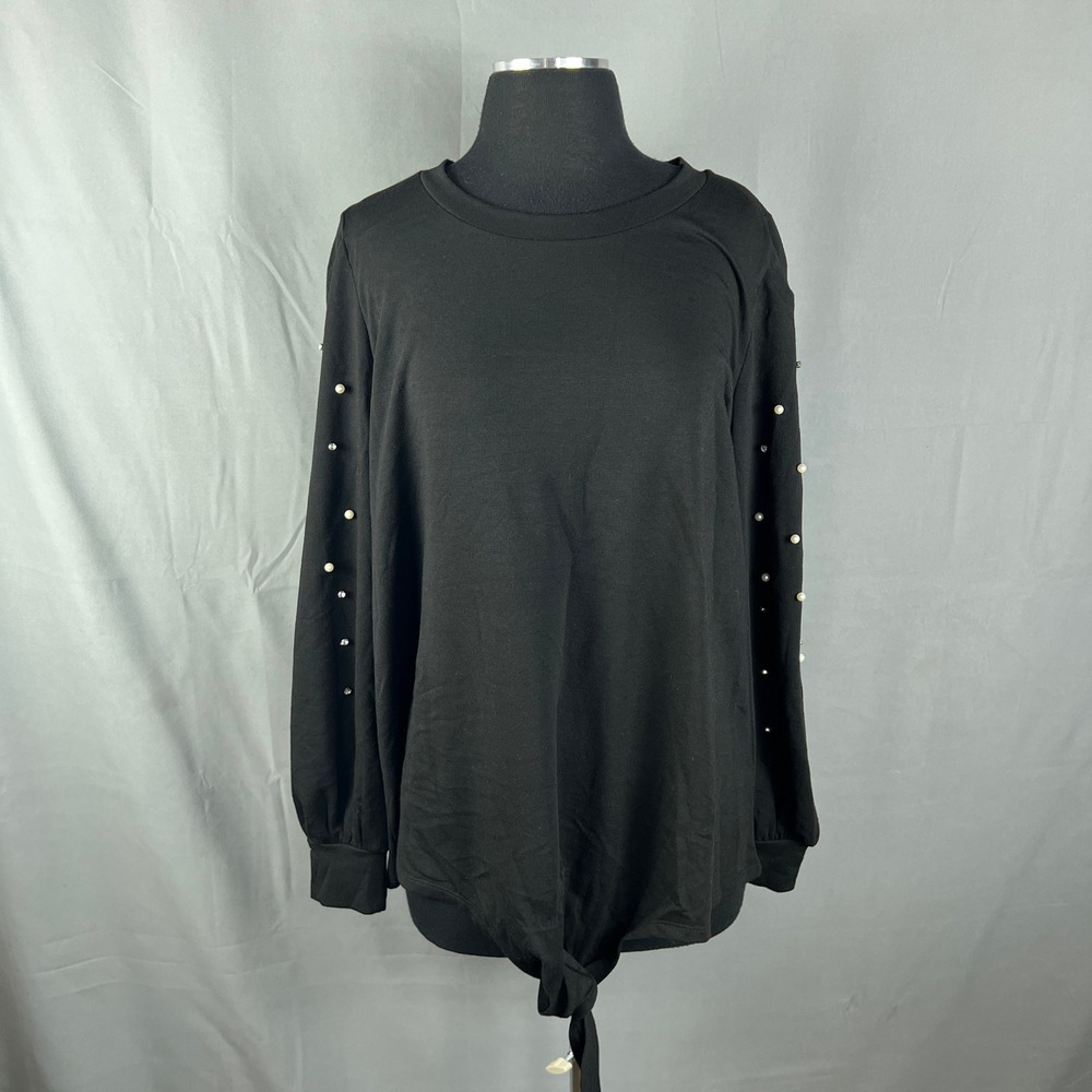 Urban Episode Blouse Top Womens 1X Black Stretch Pearl Embellished Crew Neck